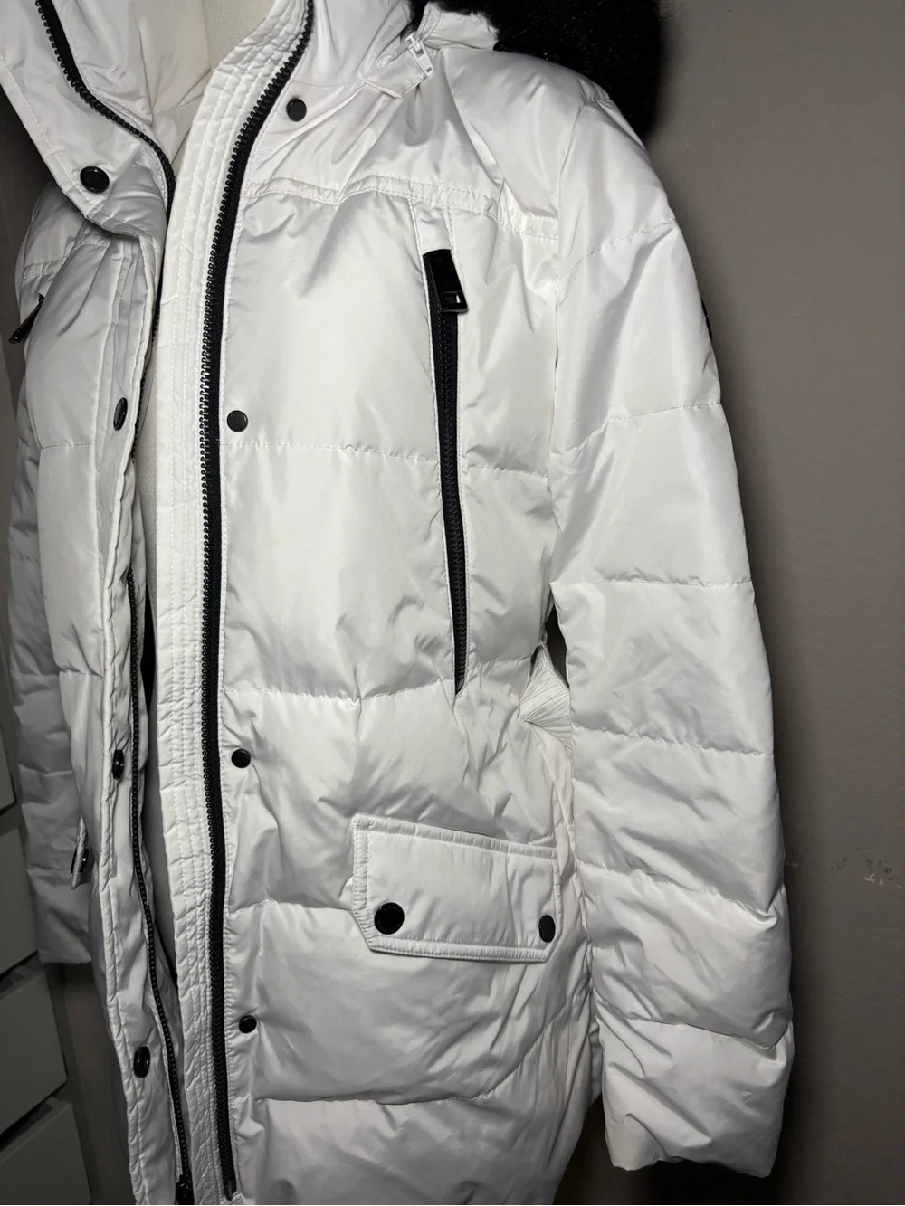 Michael Kors White Puffer Coat with Black Fur-Trim Hood